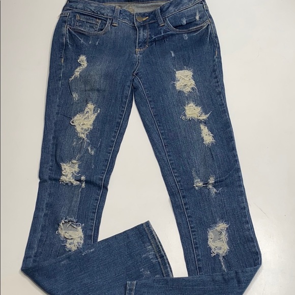 21 denim distressed destroyed skinny jeans… - Picture 1 of 8